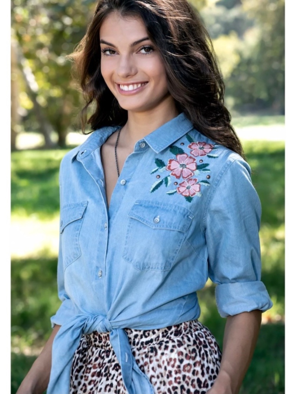 Haute Hippie Western Denim Button Down Shirt Floral Embroidery Light Wash SZ L